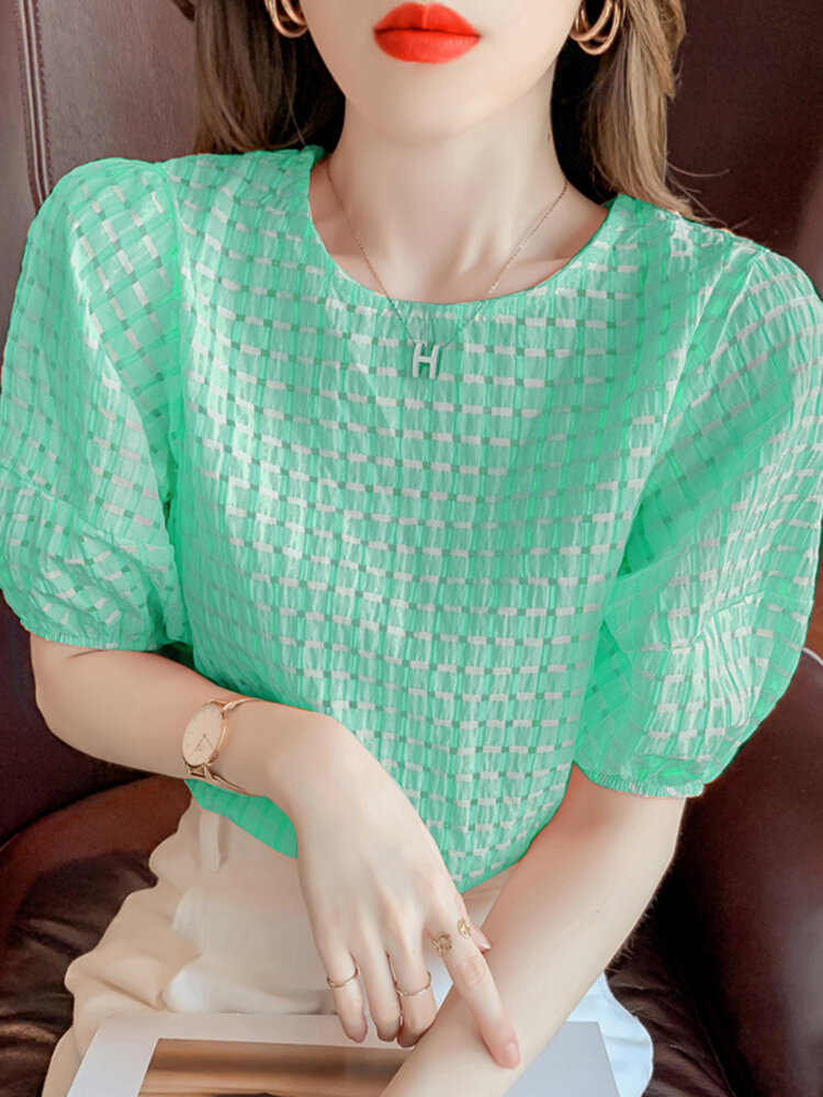 Check Textured Puff Sleeve Crew Neck Casual Blouse