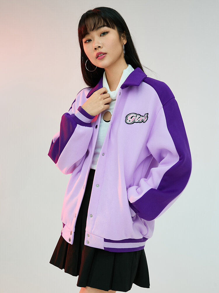 

Patched Detail Patchwork Long Sleeve Women Bomber Jacket, Purple