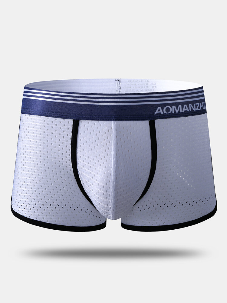 Men Sexy Mesh Boxer Briefs Nylon Breathable Striped Belt Mid Waist Underwear