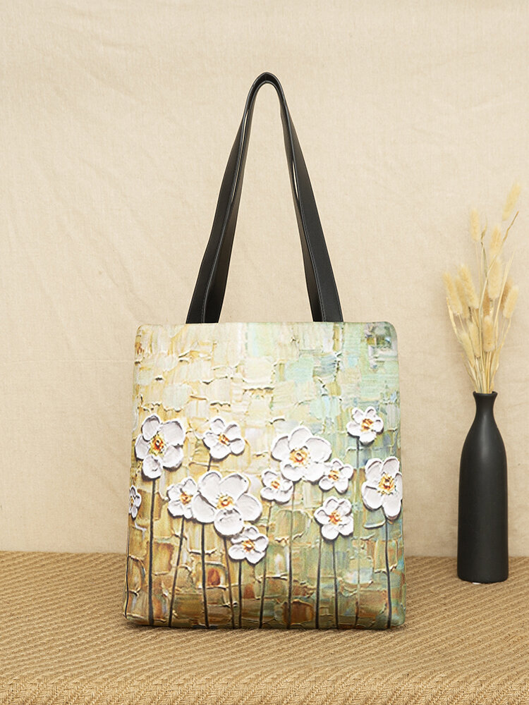 Women White Floral Pattern Print Shoulder Bag Handbag Tote