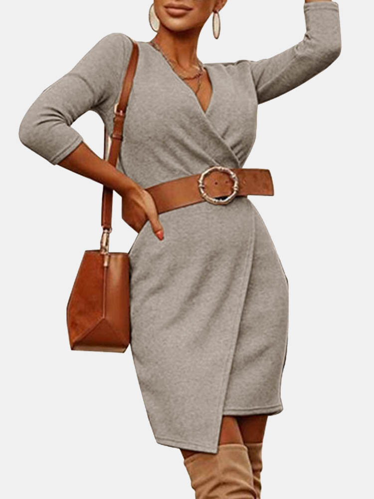 Solid Color V-neck Long Sleeve Casual Dress With Belt