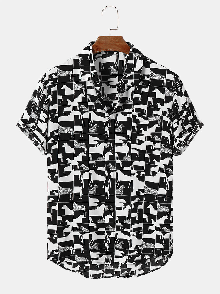 Mens All Over Zebra Print Button Up Short Sleeve Shirts