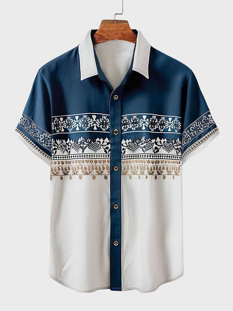 Mens Ethnic Print Patchwork Lapel Button Up Short Sleeve Shirts