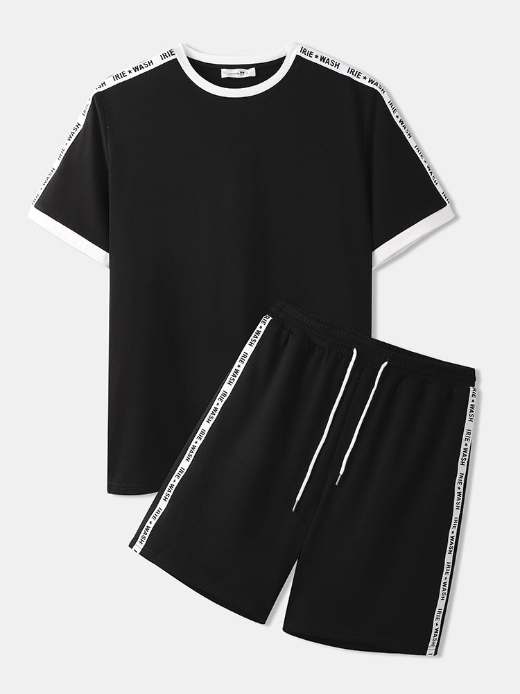 Mens Letter Patchwork Black T-Shirt & Drawstring Shorts Co-ords