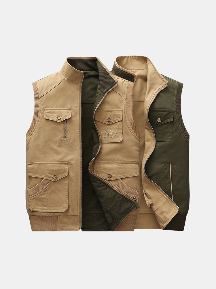 

Mens Double-sided Wearable Vests Sleeveless Jacket Waistcoat Cotton Fleece Casual Zipper Vest, Khaki;army green
