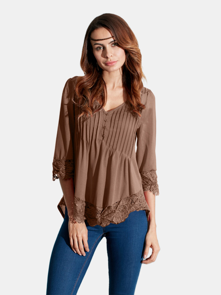 Sexy V Neck Lace Crochet 3/4 Sleeve Slim Blouse for Women