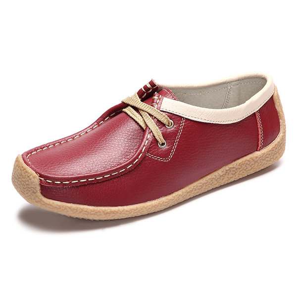 Leather Lace Up Leather Color Match Soft Casual Flat Loafers