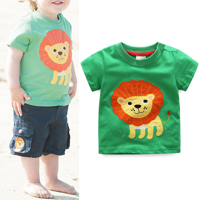 

Cute Animal Pattern Boys Toddler Kids Short Sleeve Cotton T-Shirt For 1Y-9Y, Green
