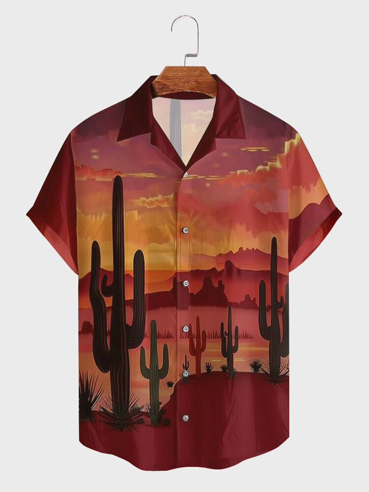 Mens Cactus Landscape Print Revere Collar Camisas casuais