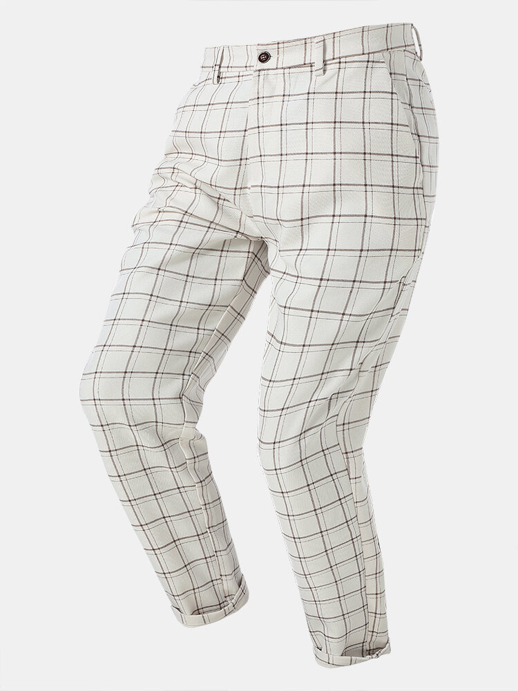 Men Plaid Pattern Buttons Double Pockets Ankle Length Casual Suit Pants