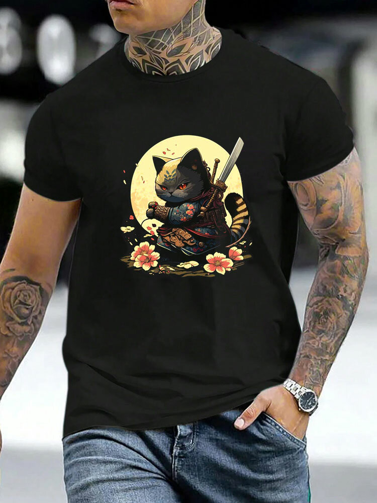 Мужские японские футболки с коротким рукавом Кот с цветочным рисунком Crew Шея, зимние