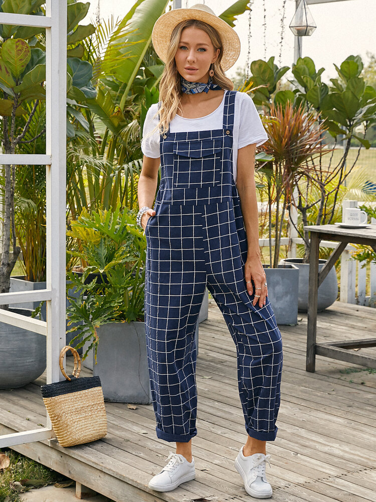 Plaid Print Pocket Sleeveless Casual Jumpsuit for Women