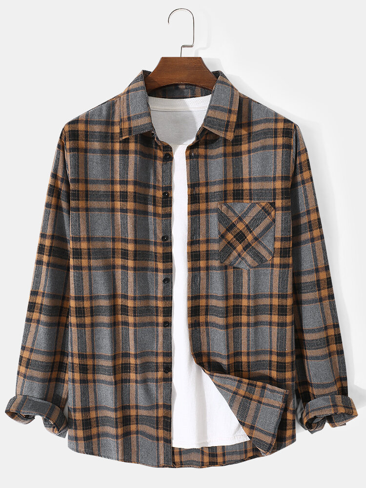 Mens Plaid Button Up Casual Cotton Long Sleeve Shirts With Pocket