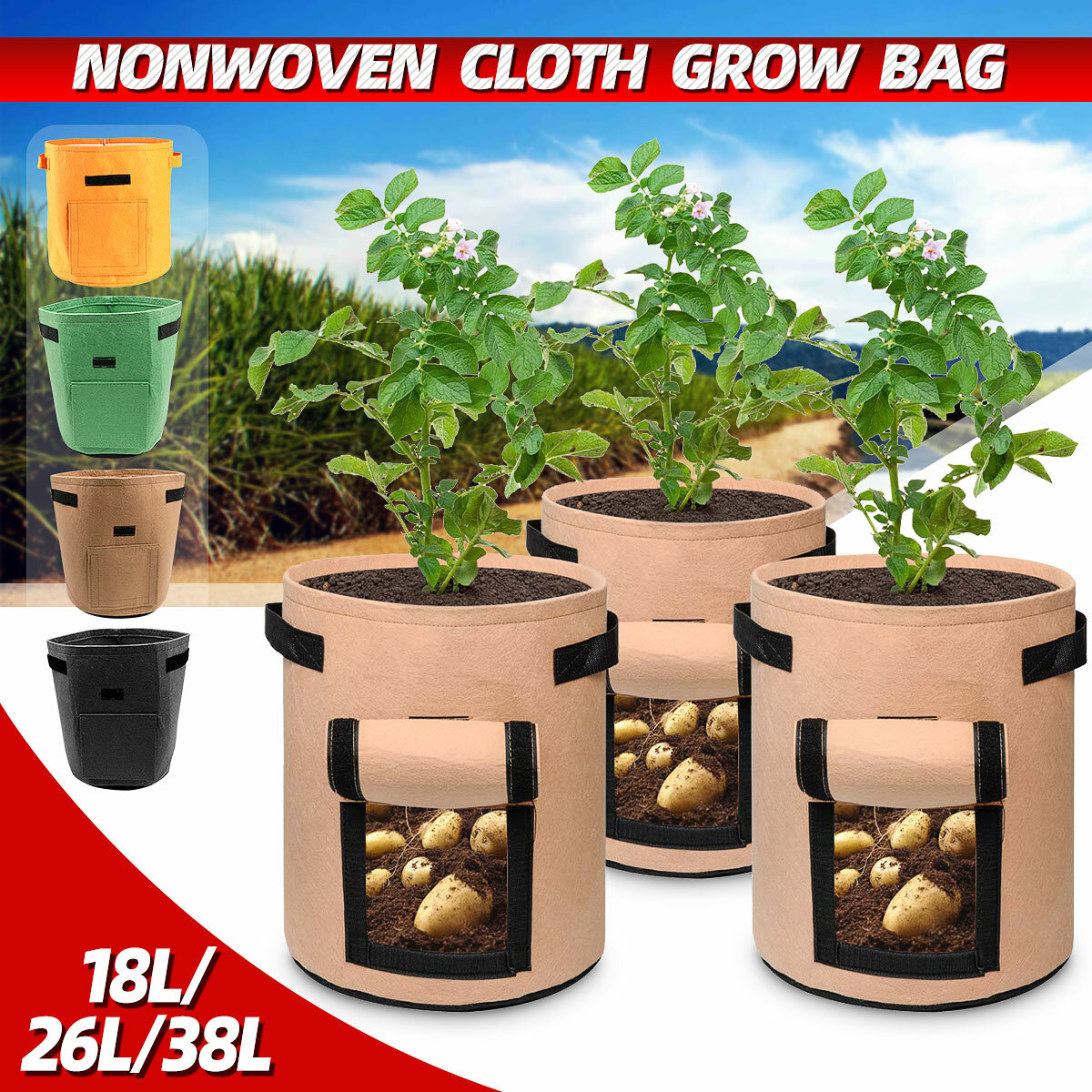 Momoco Plant Grow Bags 3 Pack 7Gallon Gardening Plant Containers Bags,Breathable Nonwovens Fabric Plant Pots with Handles,Grow Bags for Plants//Garden Planter Bags//Potato Grow Bags
