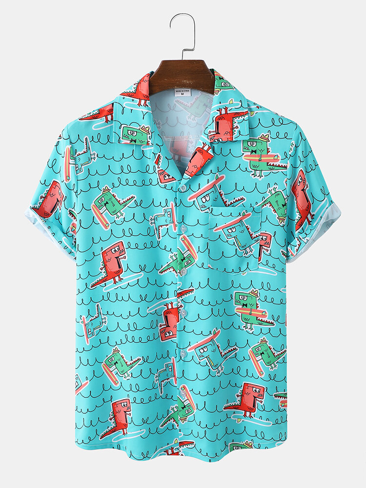 Men Funny Dinosaur Print Beachwear Ice Silk Comfy Revere Collar Hawaii Style Shirts