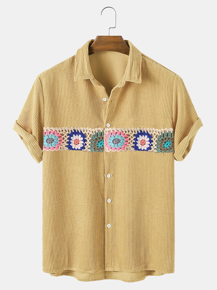 Mens Floral Crochet Button Up Ethnic Style Short Sleeve Shirts