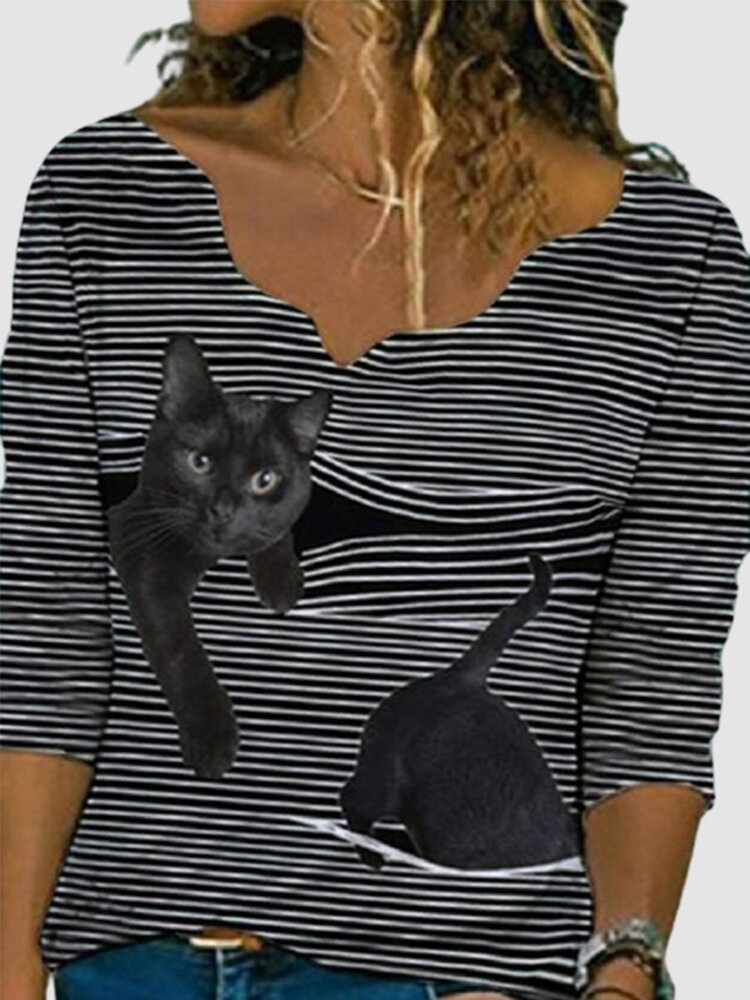 Flower Neckline Lace Trim Striped Cat Print Vintage Plus Size Blouse