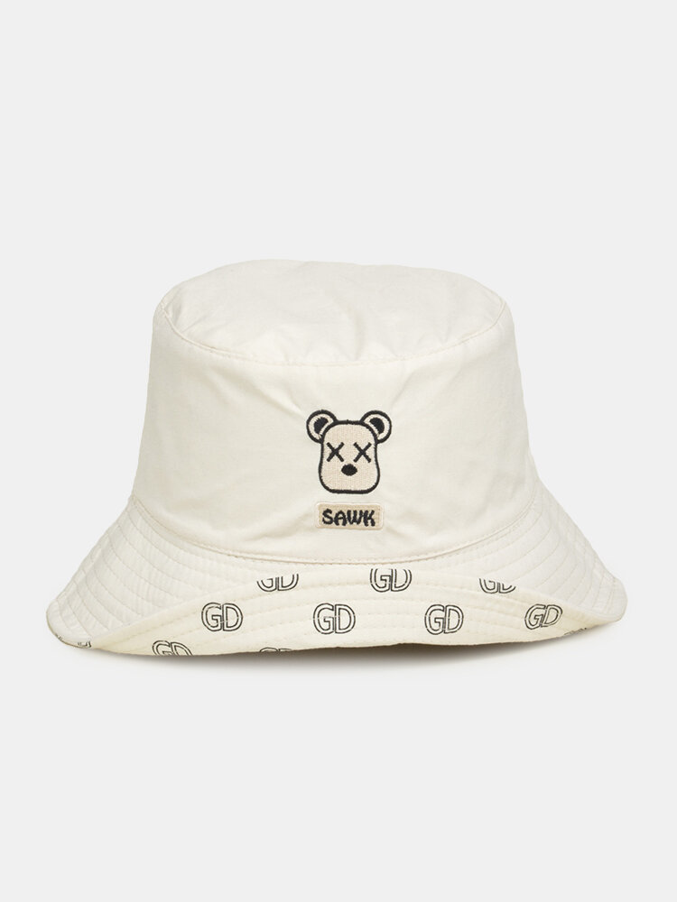 Unisex  Double Sided Pure Cotton Outdoor Casual Cute Bear Fisherman Hat Travel Sunscreen Bucket Hat