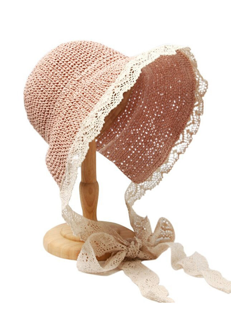 Women Lace Brim Foldable Sunscreen Bucket Straw Hat Outdoor Casual Travel Beach Sea Hat
