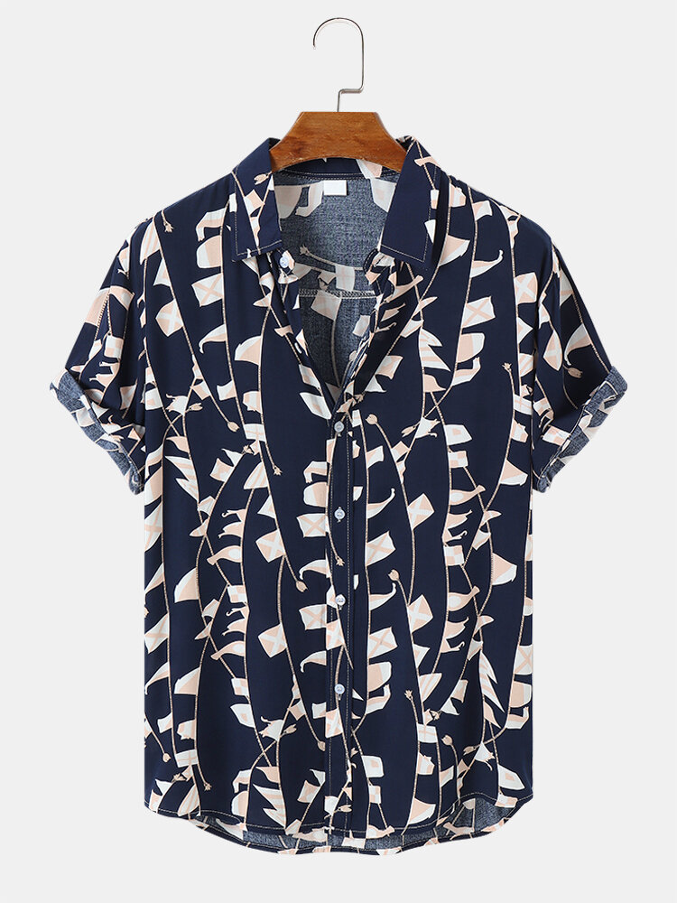 Mens Geometric Pattern Button Front Daily Short Sleeve Shirts