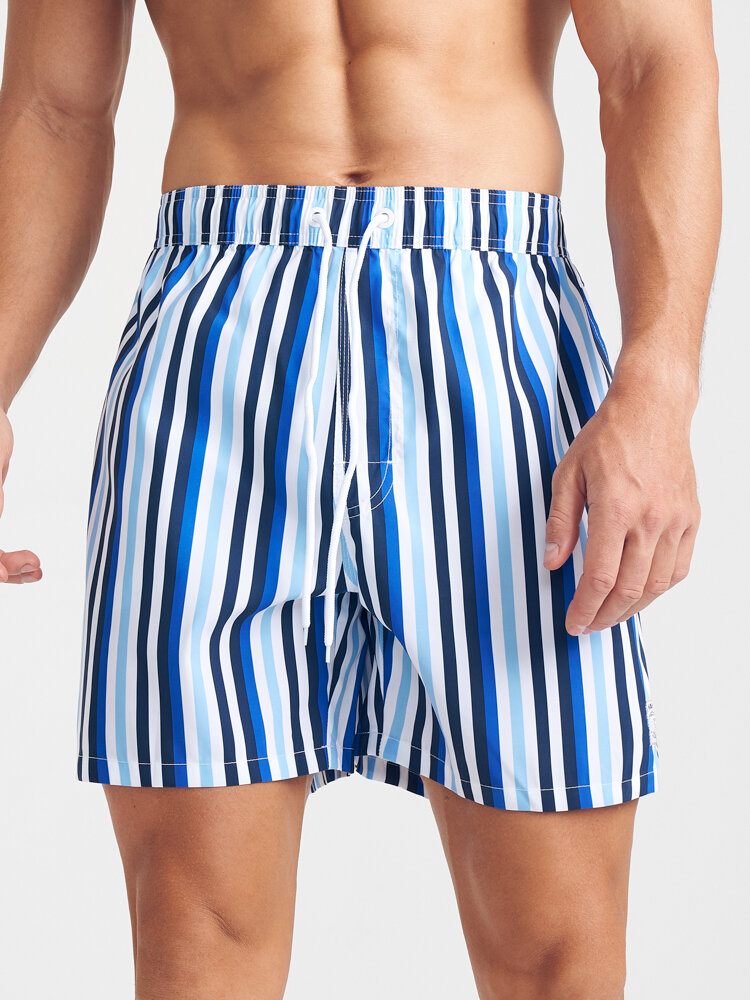 Men Vertical Striped Applique Water Resistant Comfy Board Shorts