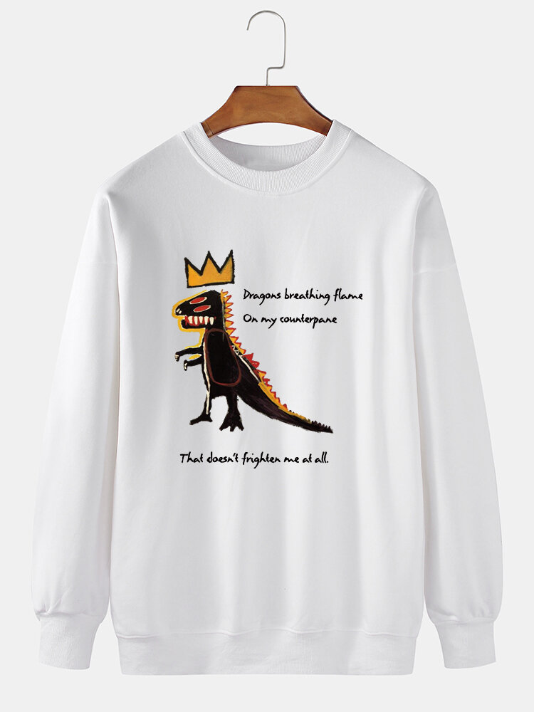 Mens Crown Dinosaur Letter Print Crew Neck Pullover Sweatshirts