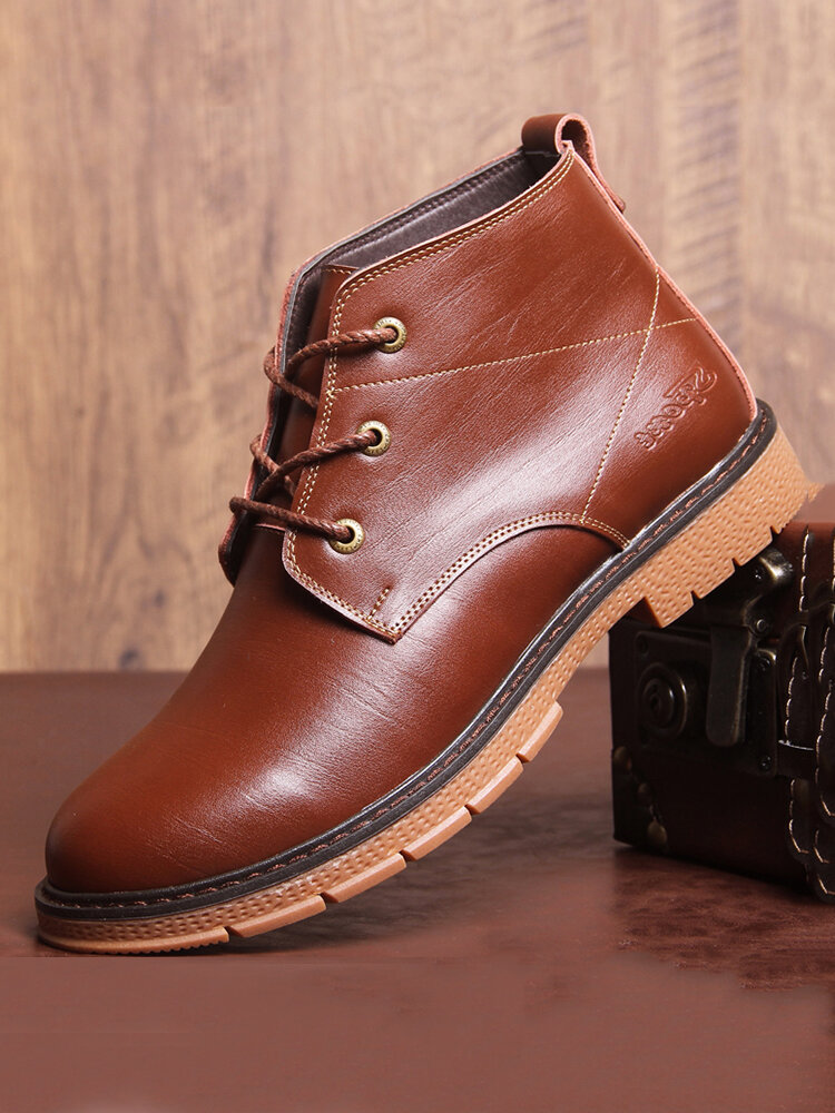 Men Pure Color Leather Non Slip Soft Sole Casual Work Boots