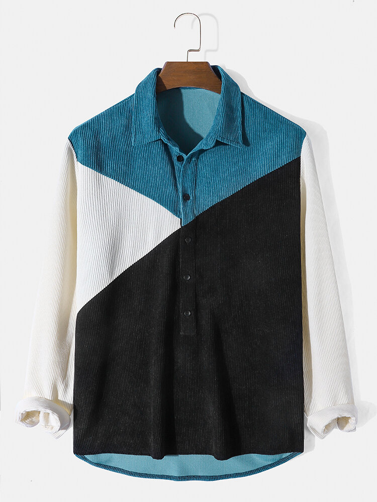 

Mens Colorblock Patchwork Lapel Half Button Corduroy Long Sleeve Henley Shirts, Blue