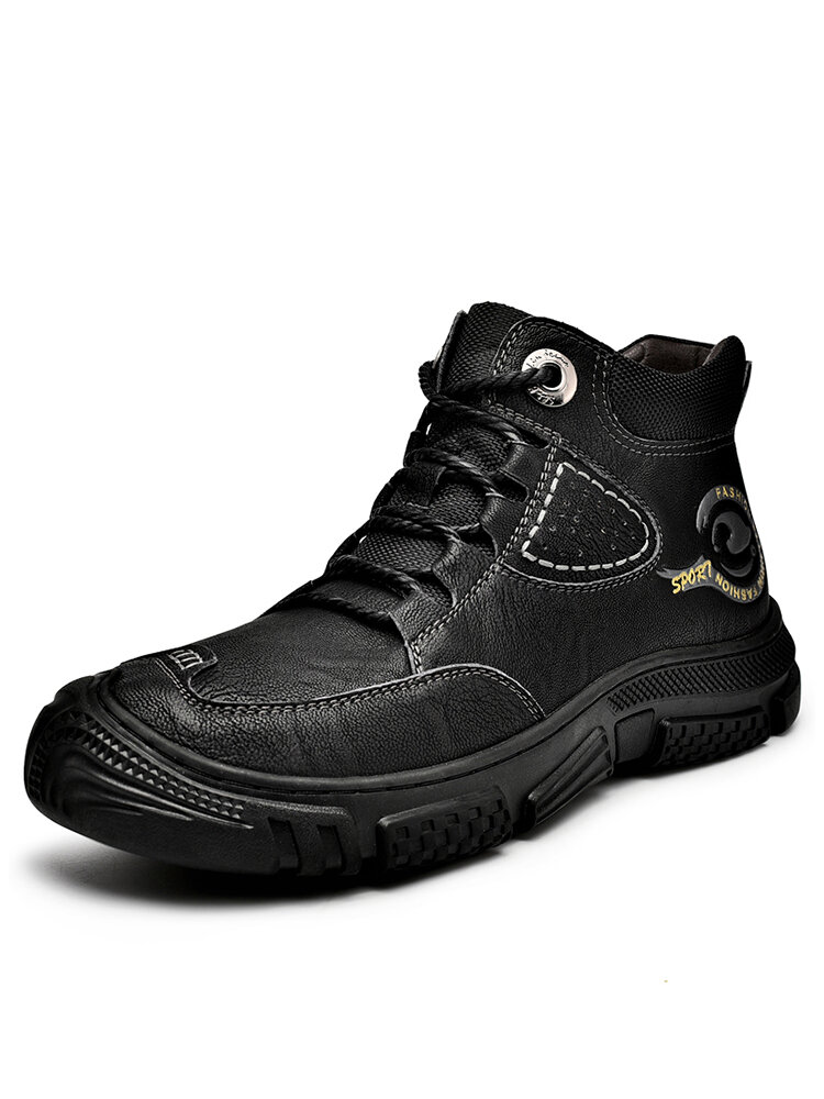 Men Cow Leather Stitching Non-slip Breathable Soft Sole Outdoor Hiking Boots