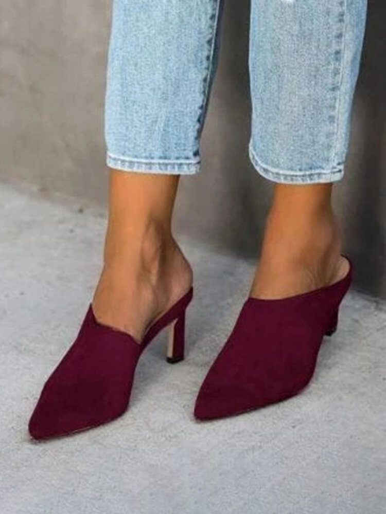 Large Size Solid Color Suede Pointed Closed Toe Mules Heels For Women