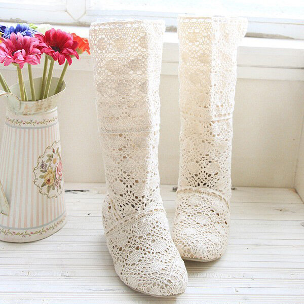 Big Size Lace Mid Calf Slip On Hollow Out Elegant Wedge Heel Boots