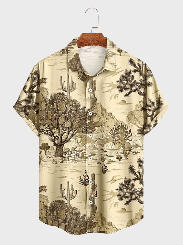 

Mens Plants Print Lapel Collar Casual Short Sleeve Shirts, Beige