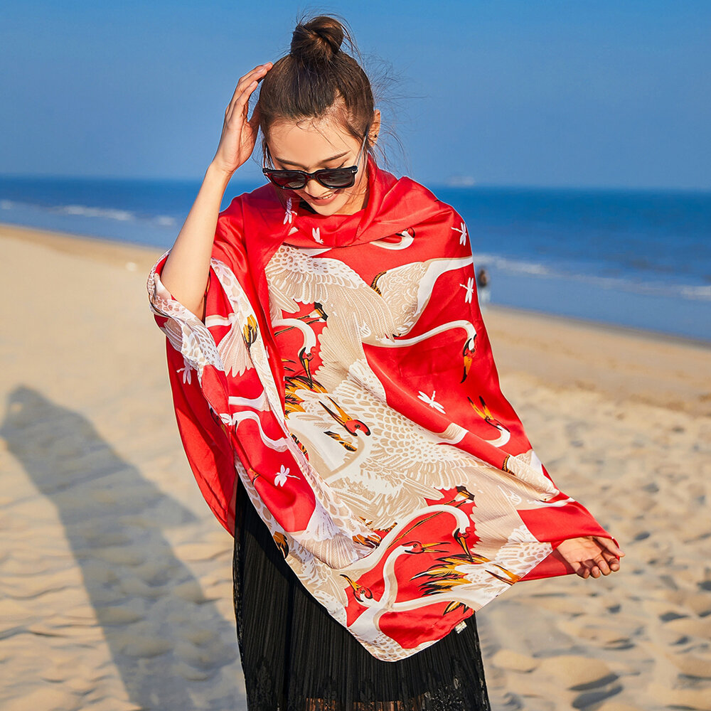 

Women White Crane Printing Sunscreen Beach Shawls Scarves Travel Breathable Visor Long Scarf, Red;blue;pink