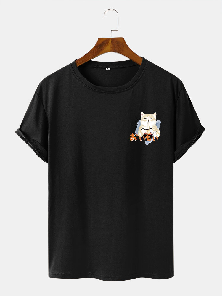 Mens Cartoon Cat Japanese Print Crew Neck Short Sleeve T-Shirts