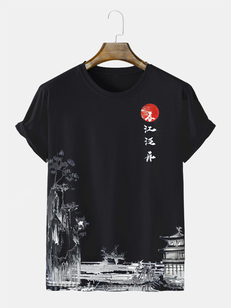Mens Chinese Landscape Print Crew Neck Short Sleeve T-Shirts Winter