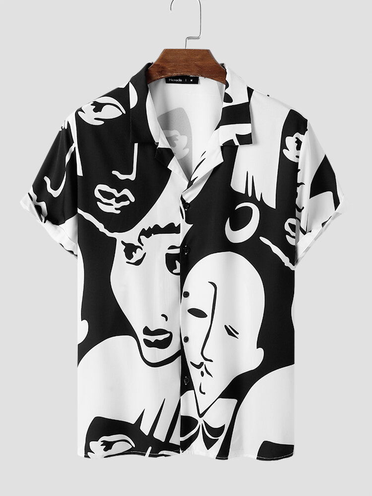 Mens Abstract Face All Over Print Street Short Sleeve Shirts