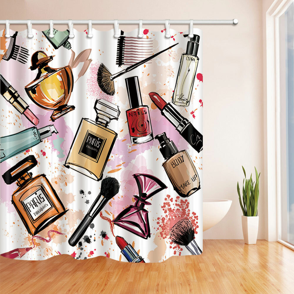 Fashion Paris Cosmetic Theme Pattern Print For Bathroom Shower Curtain 72 Inch