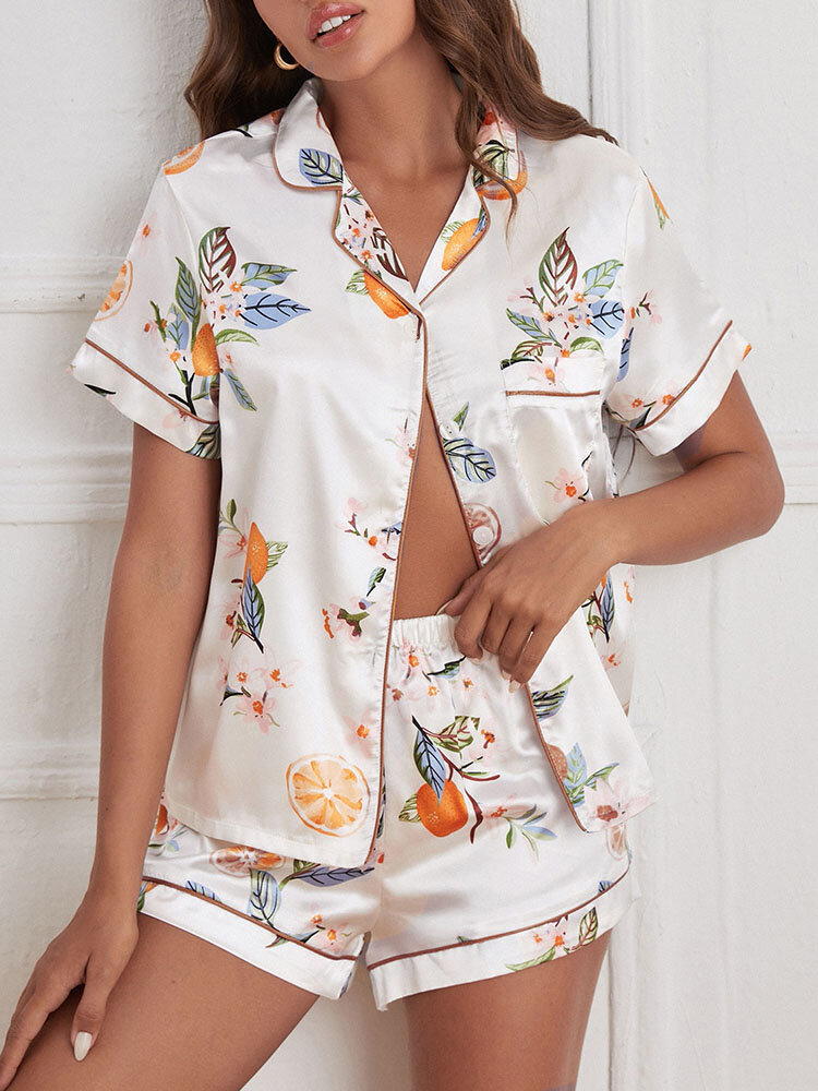Women Fruits & Leaf Lifestyle Single Pocket Contrast Lining Soft Smooth Pajamas Sets
