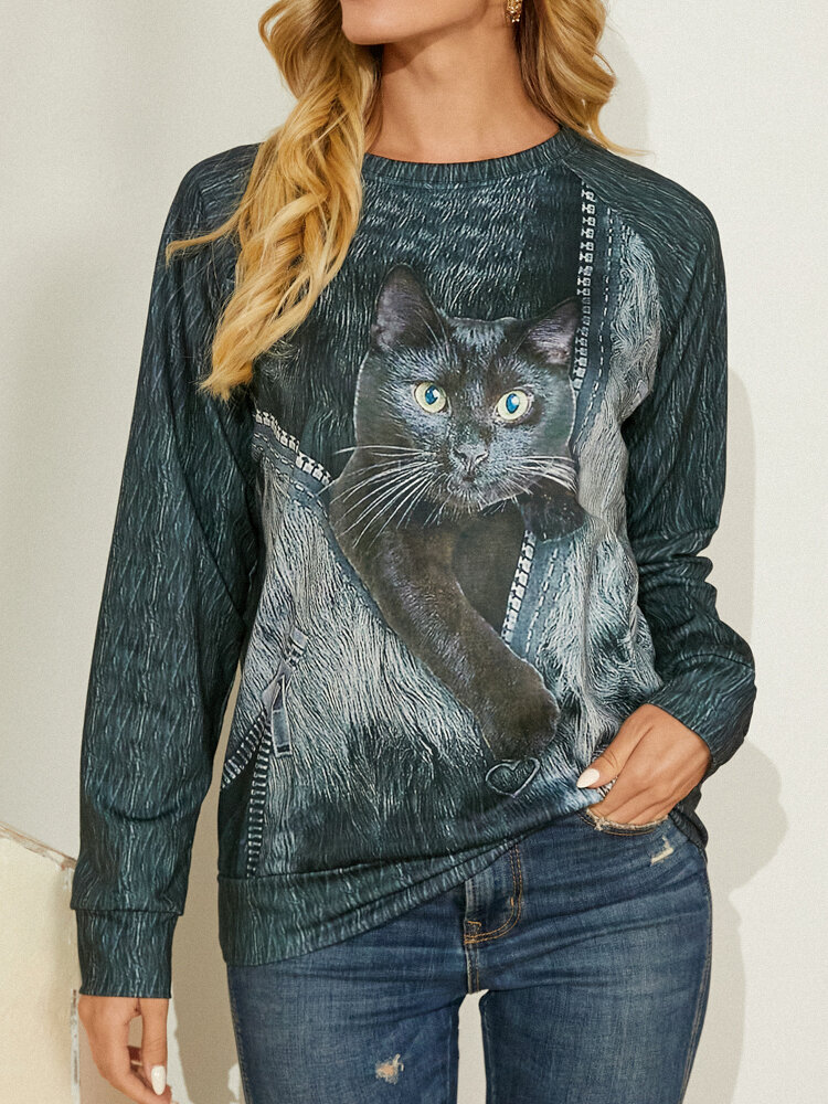 Black Cat Print Long Sleeves O-neck Casual Sweatshirt For Women