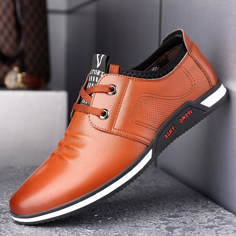 Men Comfy Soft Leather Round Toe Lace Up Business Casual Shoes