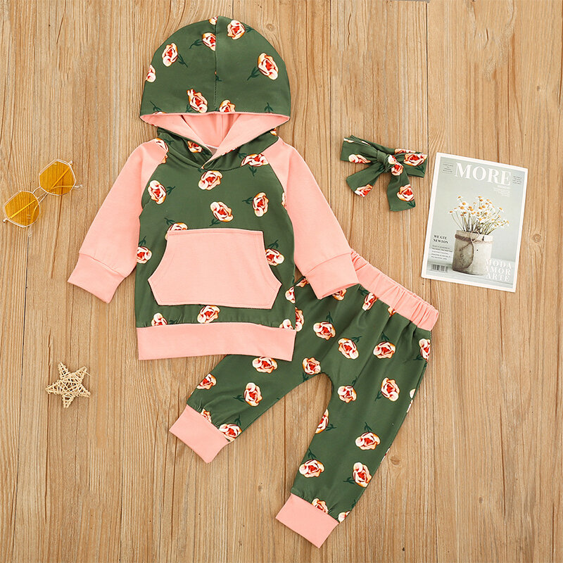 

Baby Floral Print Hooded Set For 6-24M, As picture