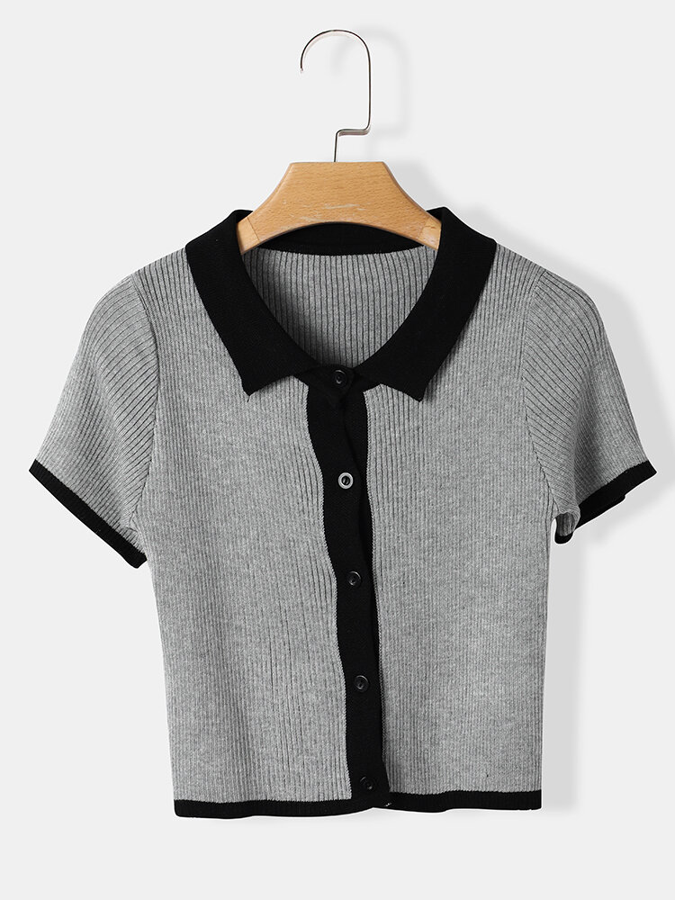 Contrast Color Button Rib-knit Lapel Short Sleeve Blouse