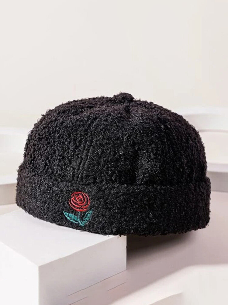 Unisex Plush Rose Pattern Embroidery Warmth All-match Brimless Beanie Landlord Cap Skull Cap