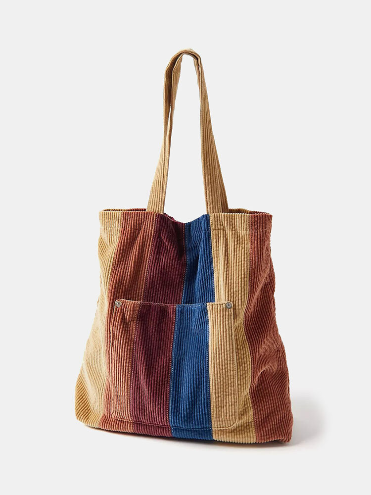 Preppy Vintage Striped Front Pocket Tote Large Capacity Corduroy Shoulder Bag