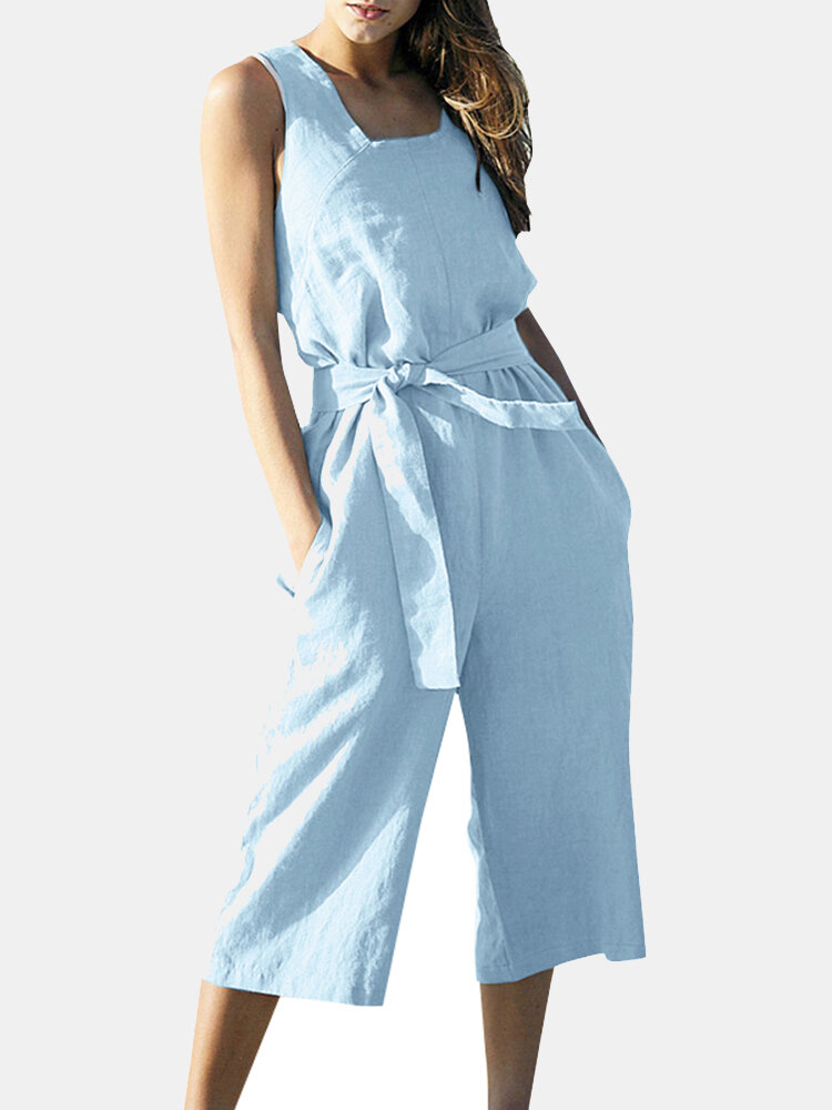 Solid Pocket Sleeveless Square Collar Jumpsuit With Belt