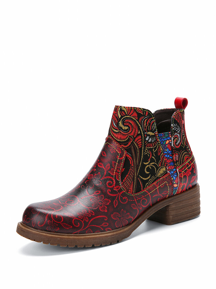 Socofy Retro Ethnic Pattern Jacquard Leather Slip-On Comfortable Elastic Side Cut Short Boots