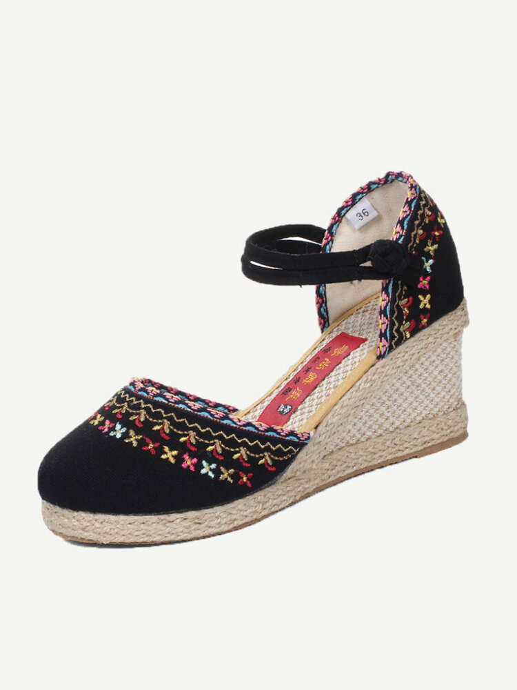 Folkways Floral Embroidery Straw Wedges Cloth Sandals