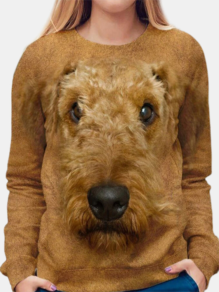 Dog Print O-neck Long Sleeve Casual T-shirt For Women