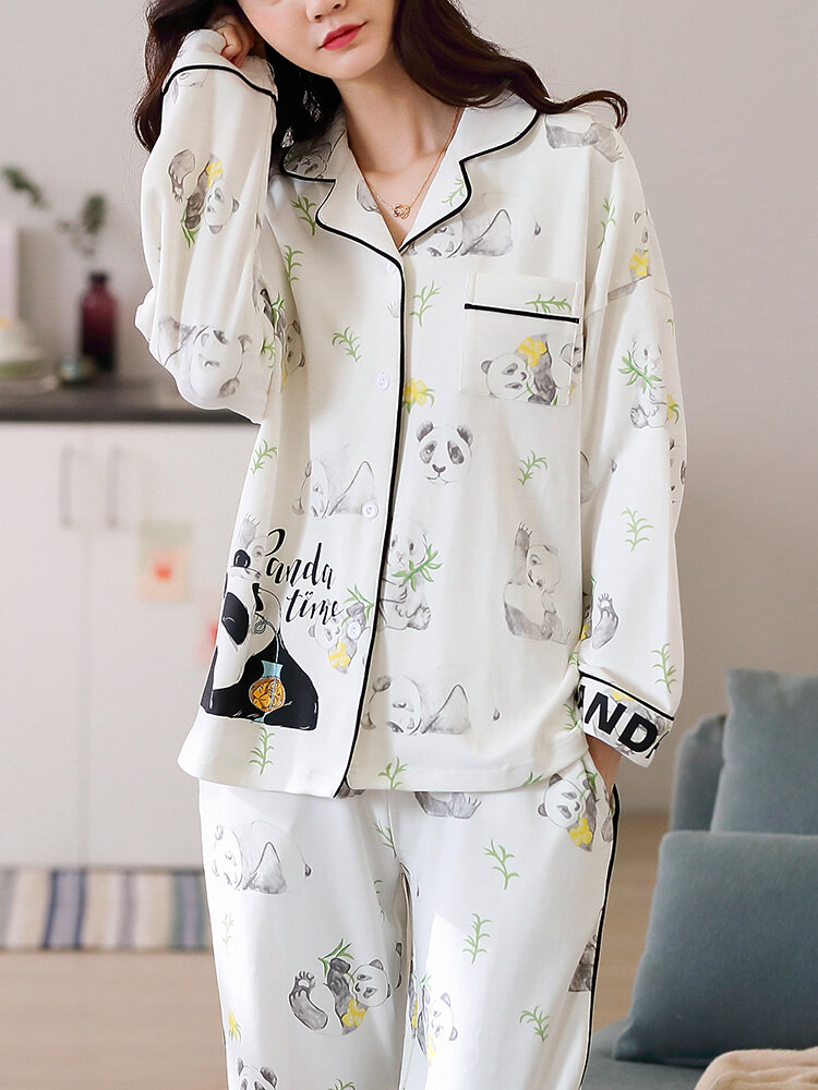 

Women Cotton Allover Panda Printed Lapel Chest Pocket Pajamas Sets With Contrast Binding, White