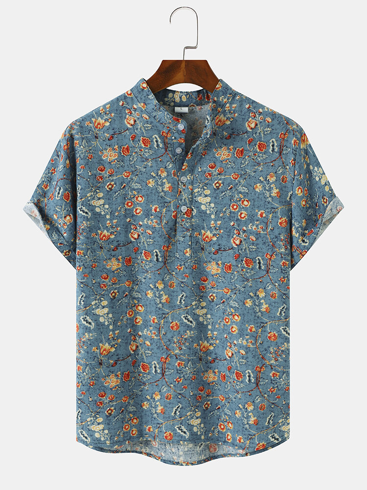 Mens Ditsy Floral Print Vintage Short Sleeve Henley Shirts